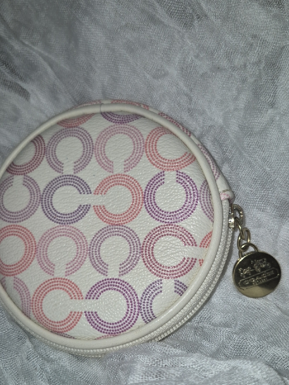 Coach Waverly Round Coin Pouch in White with Pink & Lavender C Pattern